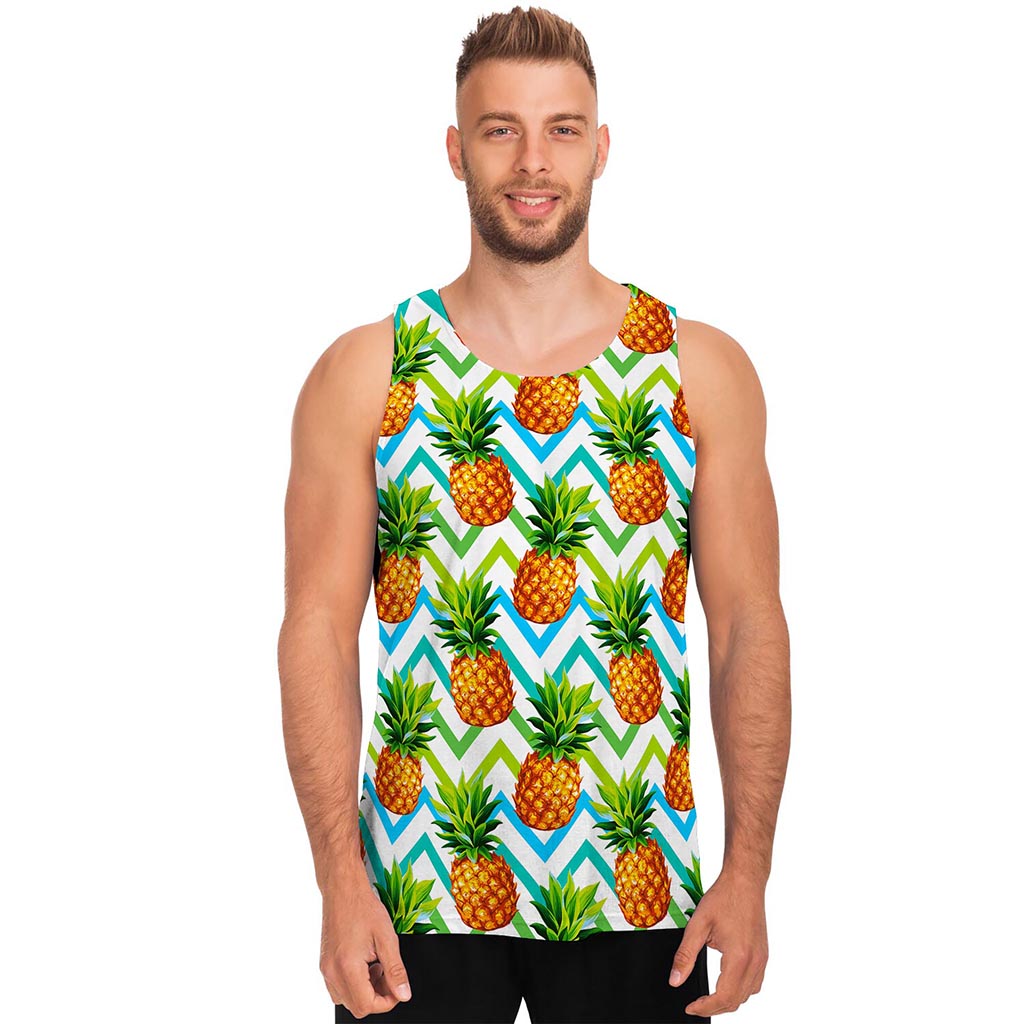 Teal Zig Zag Pineapple Pattern Print Men's Tank Top