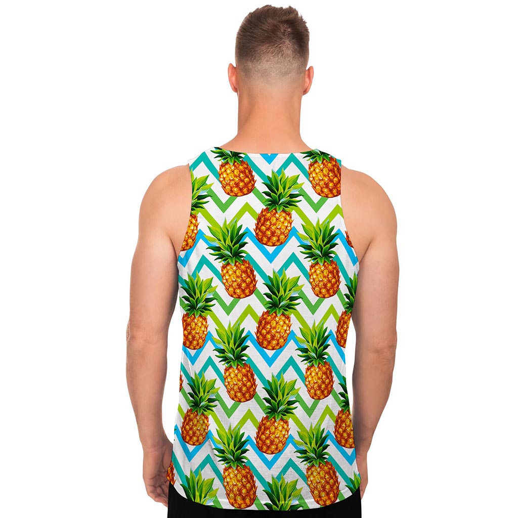 Teal Zig Zag Pineapple Pattern Print Men's Tank Top