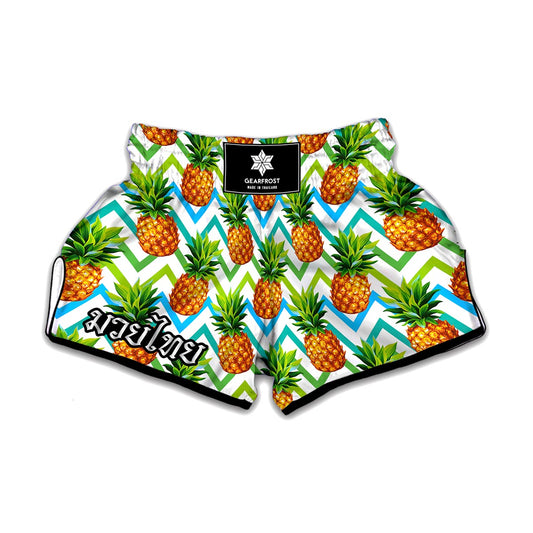 Teal Zig Zag Pineapple Pattern Print Muay Thai Boxing Shorts