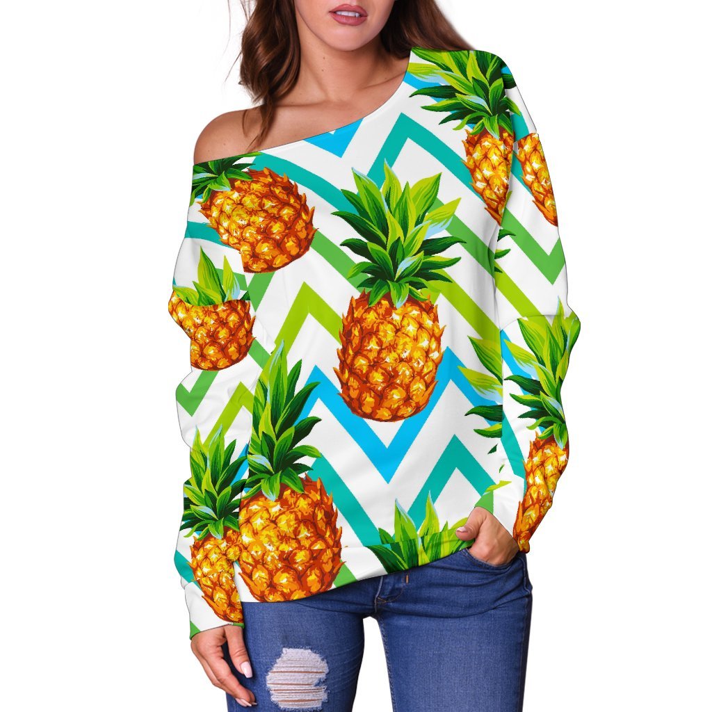 Teal Zig Zag Pineapple Pattern Print Off Shoulder Sweatshirt GearFrost