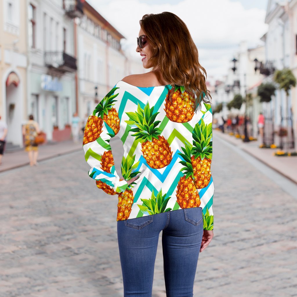 Teal Zig Zag Pineapple Pattern Print Off Shoulder Sweatshirt GearFrost