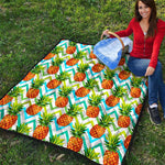 Teal Zig Zag Pineapple Pattern Print Quilt