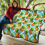 Teal Zig Zag Pineapple Pattern Print Quilt
