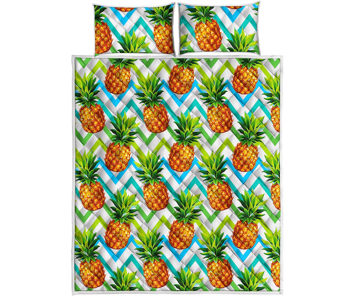 Teal Zig Zag Pineapple Pattern Print Quilt Bed Set