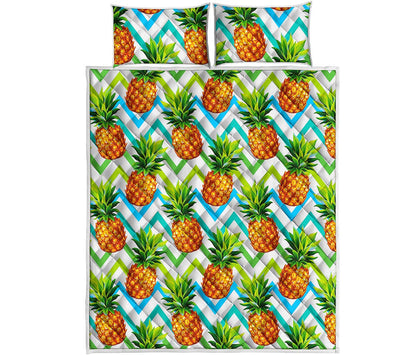 Teal Zig Zag Pineapple Pattern Print Quilt Bed Set
