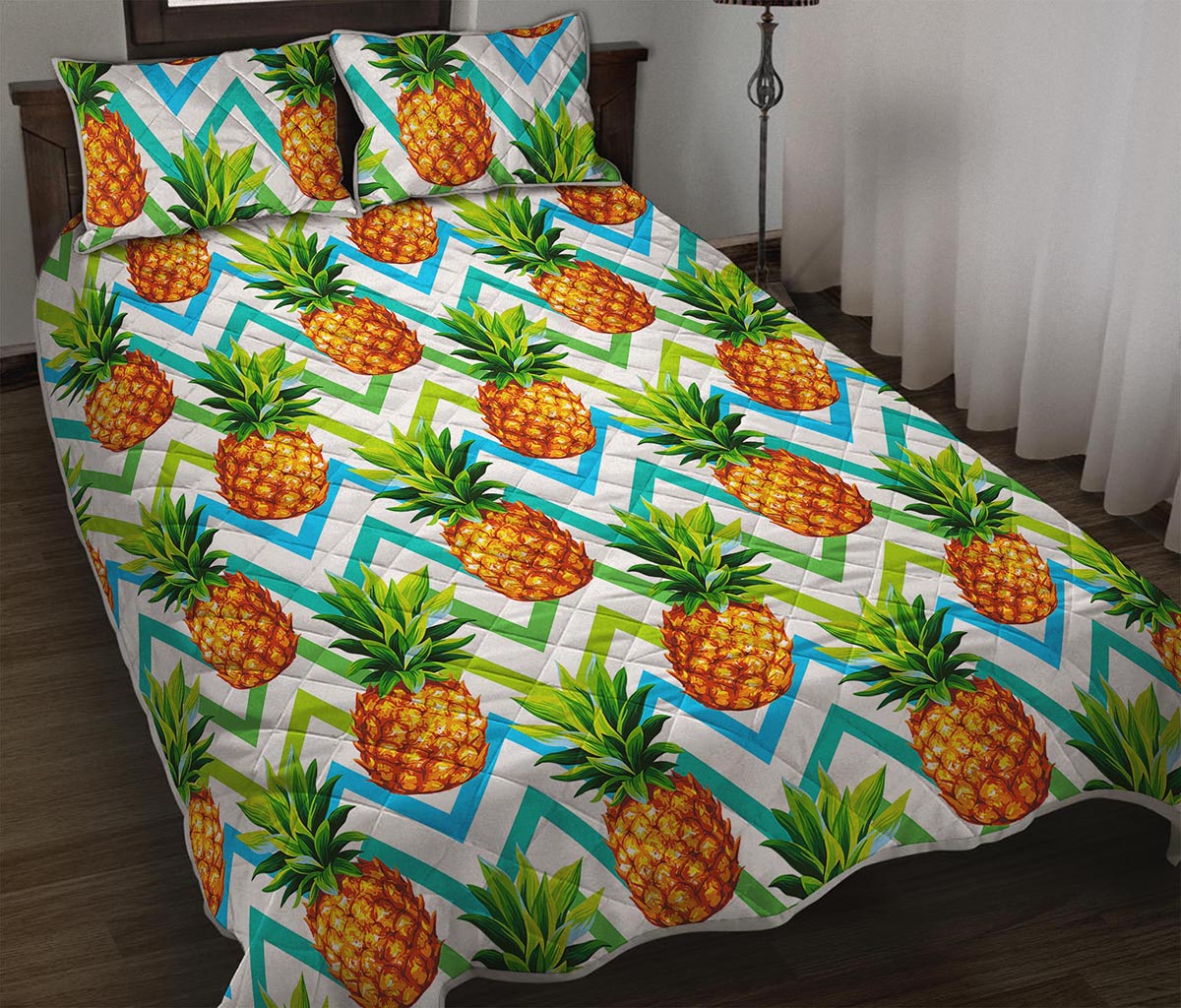 Teal Zig Zag Pineapple Pattern Print Quilt Bed Set
