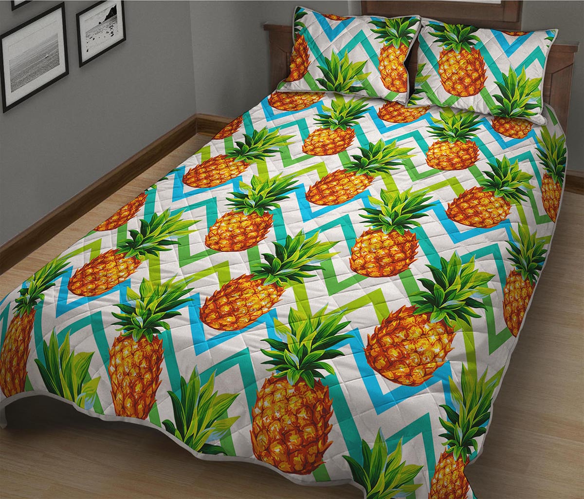 Teal Zig Zag Pineapple Pattern Print Quilt Bed Set