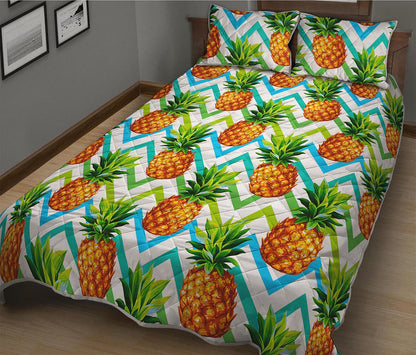 Teal Zig Zag Pineapple Pattern Print Quilt Bed Set