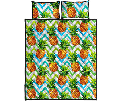 Teal Zig Zag Pineapple Pattern Print Quilt Bed Set