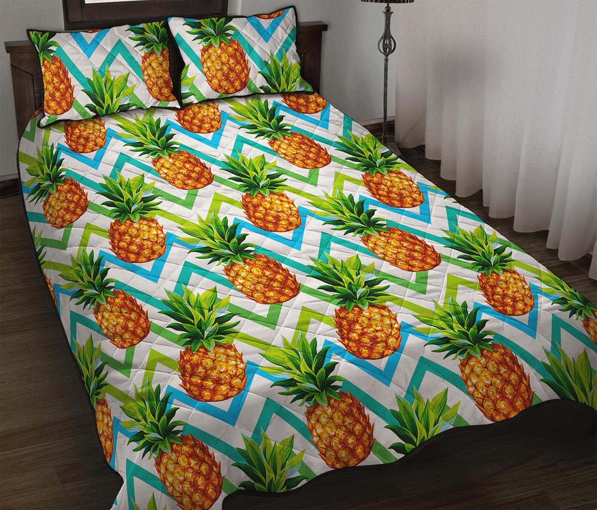 Teal Zig Zag Pineapple Pattern Print Quilt Bed Set