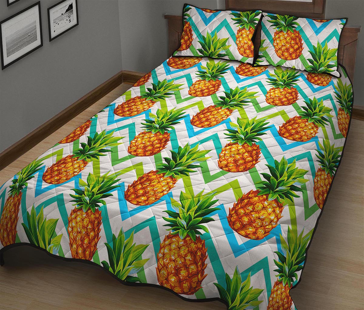 Teal Zig Zag Pineapple Pattern Print Quilt Bed Set