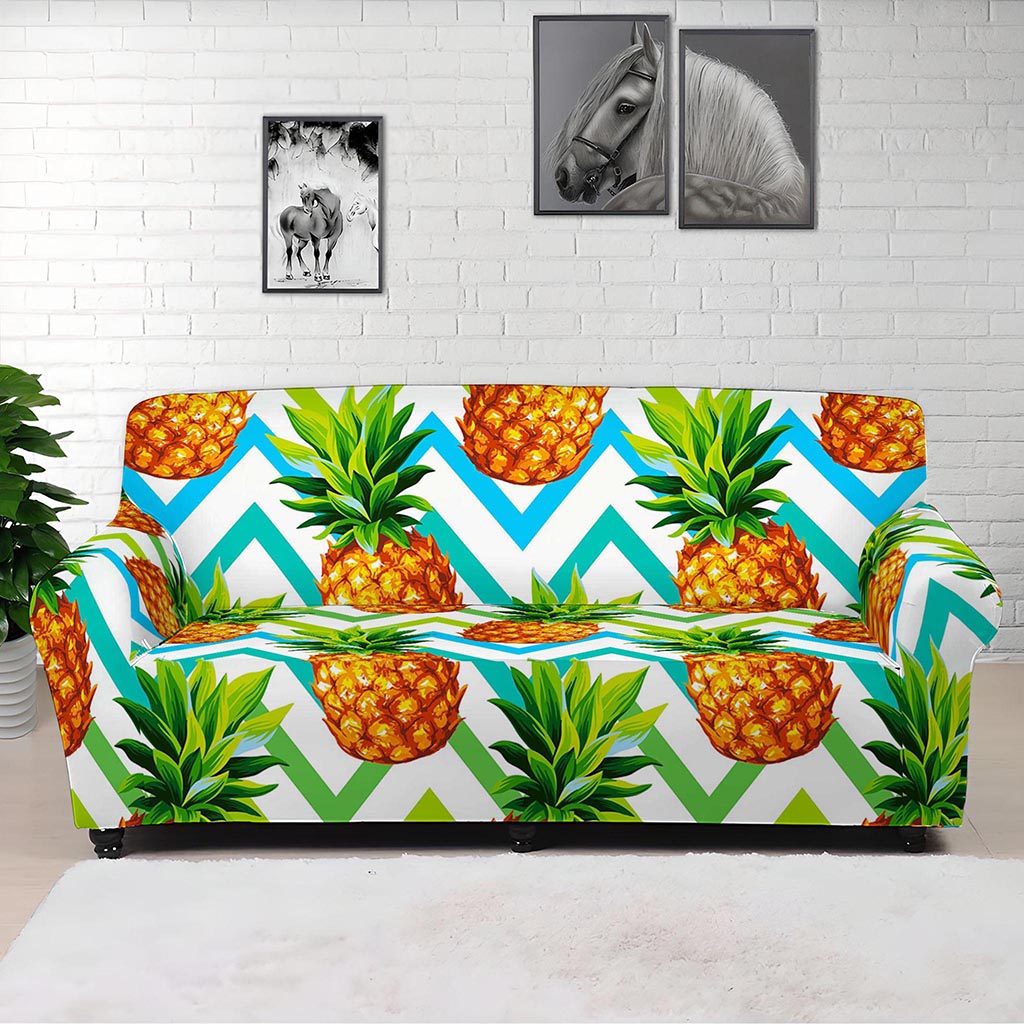 Teal Zig Zag Pineapple Pattern Print Sofa Cover