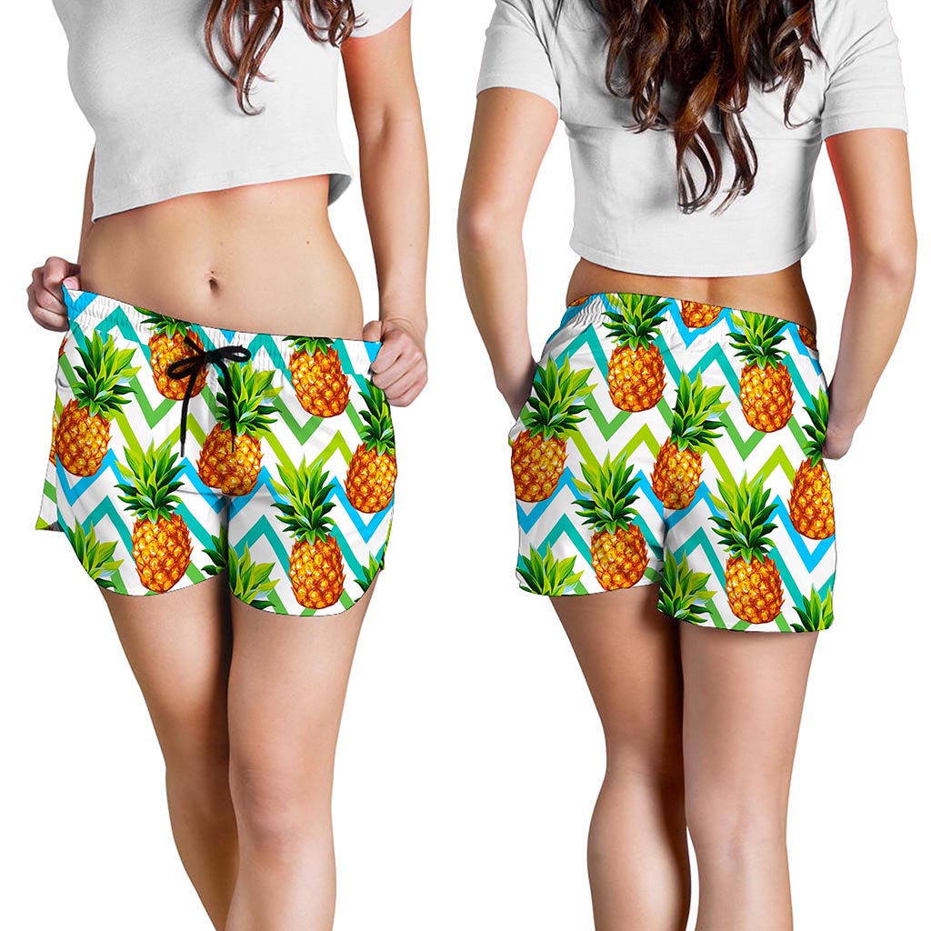 Teal Zig Zag Pineapple Pattern Print Women's Shorts