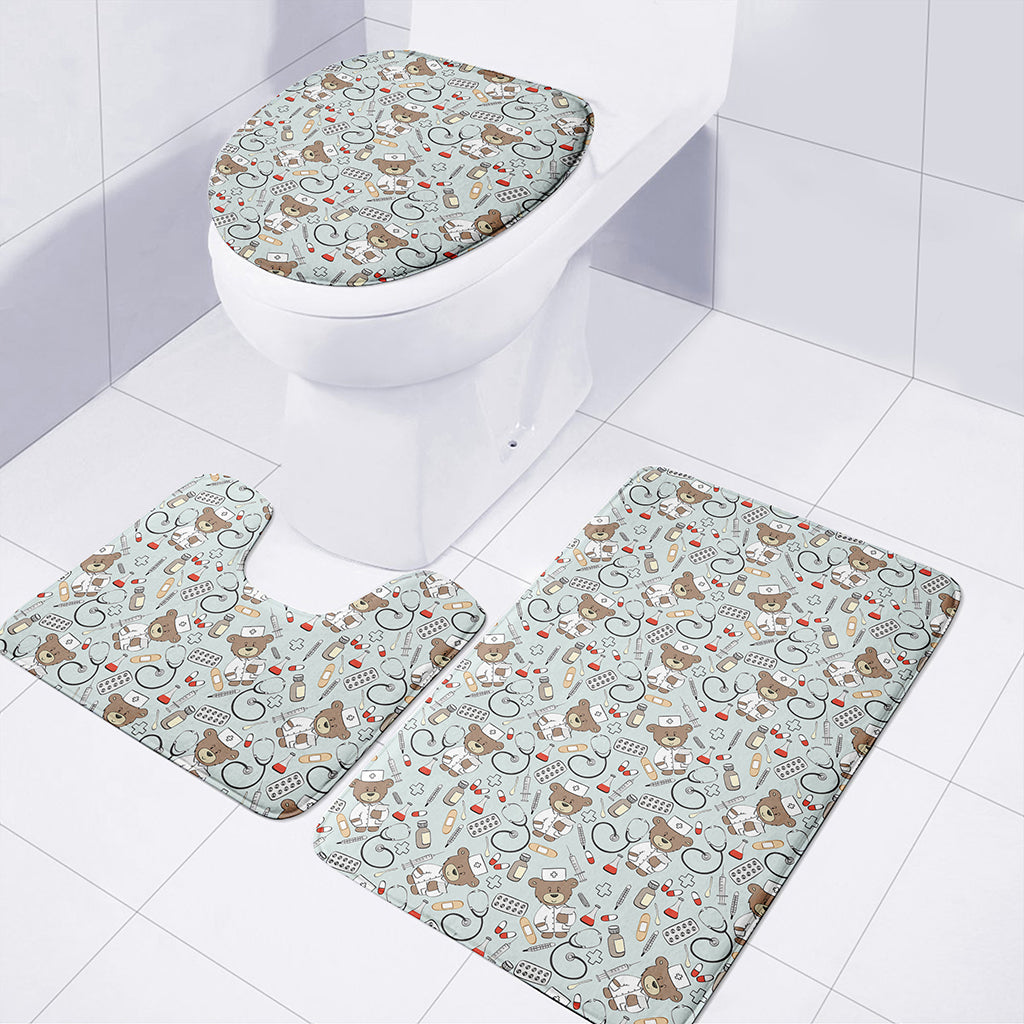 Teddy Bear Doctor Pattern Print 3 Piece Bath Mat Set