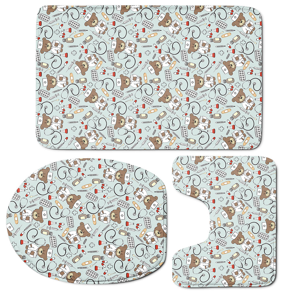 Teddy Bear Doctor Pattern Print 3 Piece Bath Mat Set