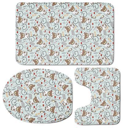 Teddy Bear Doctor Pattern Print 3 Piece Bath Mat Set