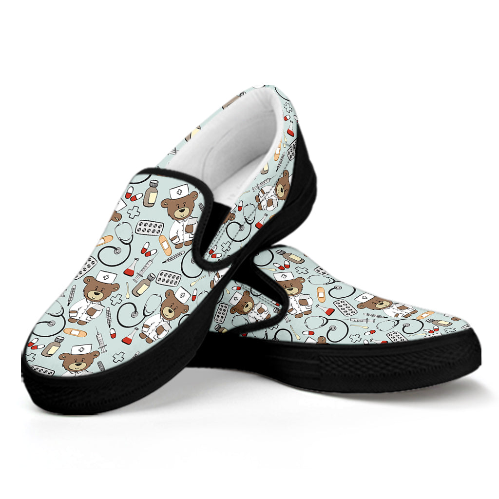 Teddy Bear Doctor Pattern Print Black Slip On Shoes