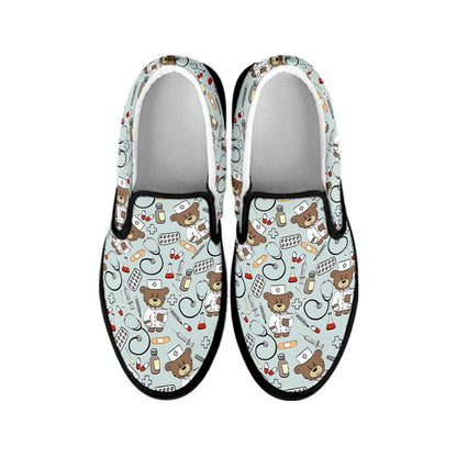 Teddy Bear Doctor Pattern Print Black Slip On Shoes