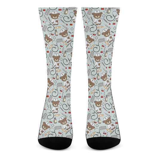 Teddy Bear Doctor Pattern Print Crew Socks