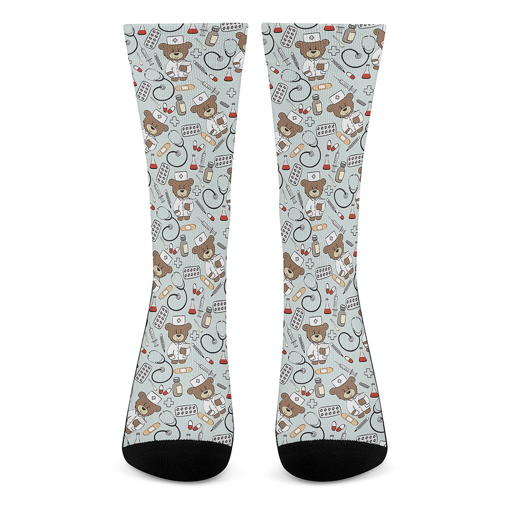 Teddy Bear Doctor Pattern Print Crew Socks