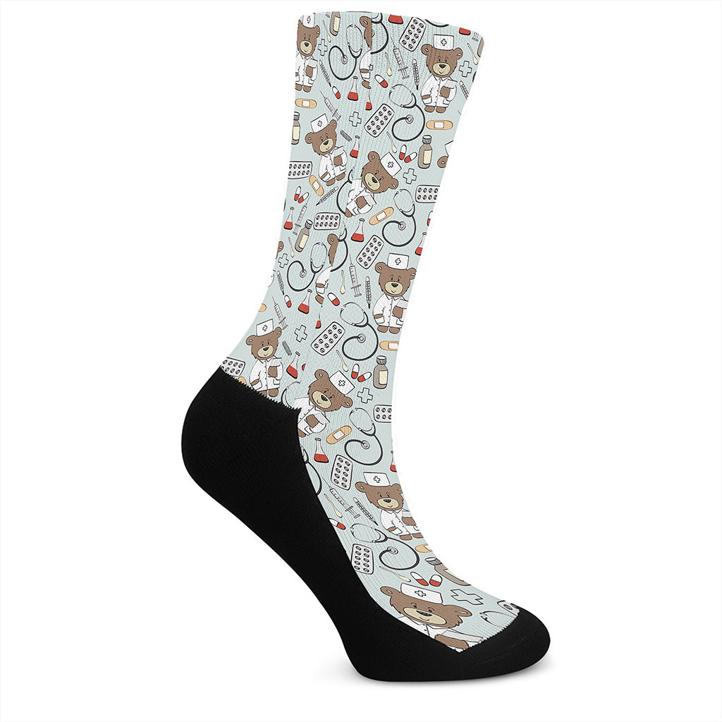 Teddy Bear Doctor Pattern Print Crew Socks