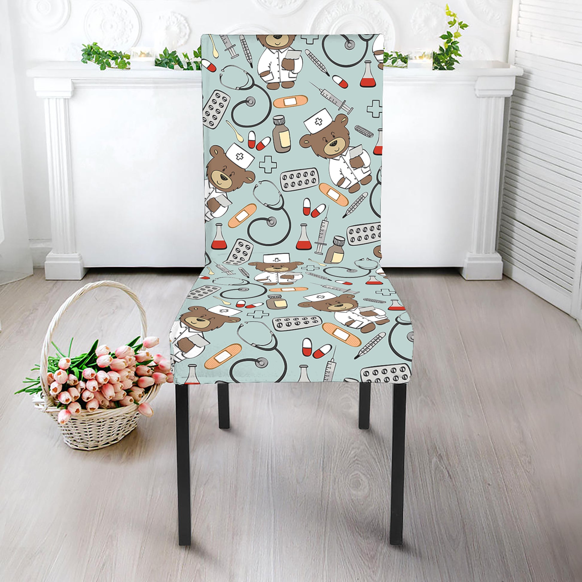 Teddy Bear Doctor Pattern Print Dining Chair Slipcover