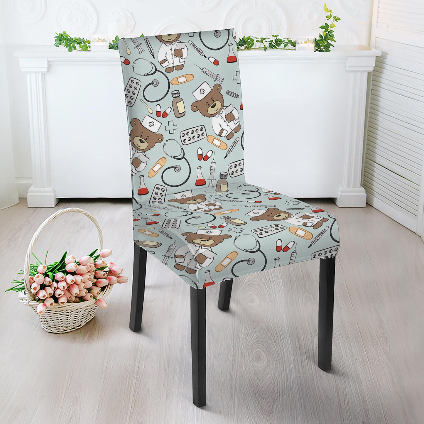 Teddy Bear Doctor Pattern Print Dining Chair Slipcover