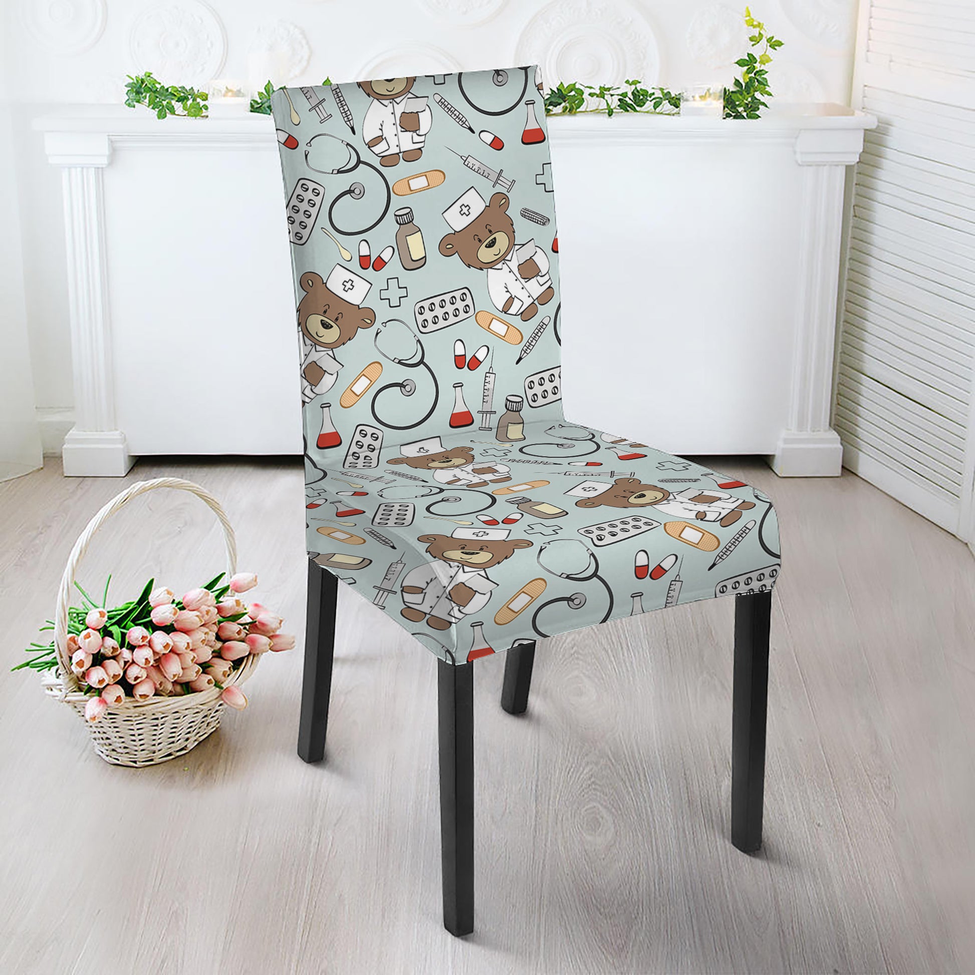 Teddy Bear Doctor Pattern Print Dining Chair Slipcover