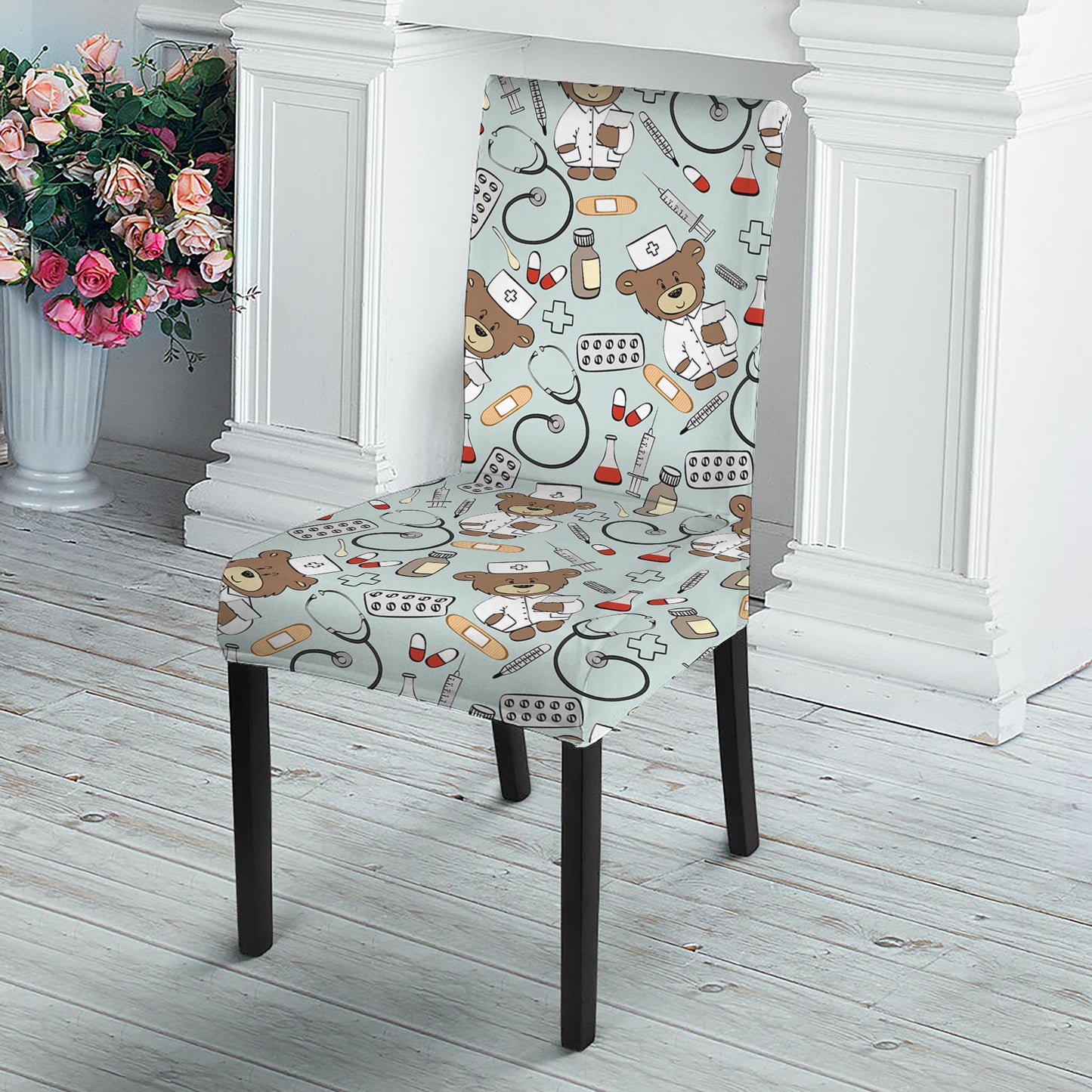 Teddy Bear Doctor Pattern Print Dining Chair Slipcover