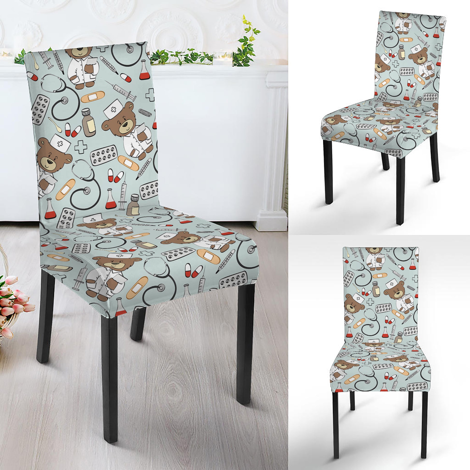Teddy Bear Doctor Pattern Print Dining Chair Slipcover