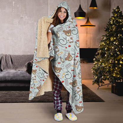 Teddy Bear Doctor Pattern Print Hooded Blanket