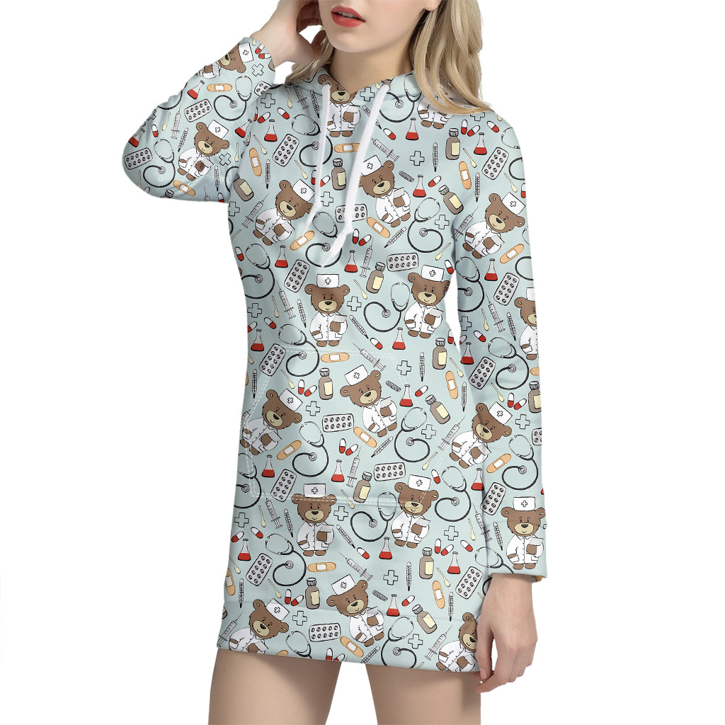 Teddy Bear Doctor Pattern Print Hoodie Dress