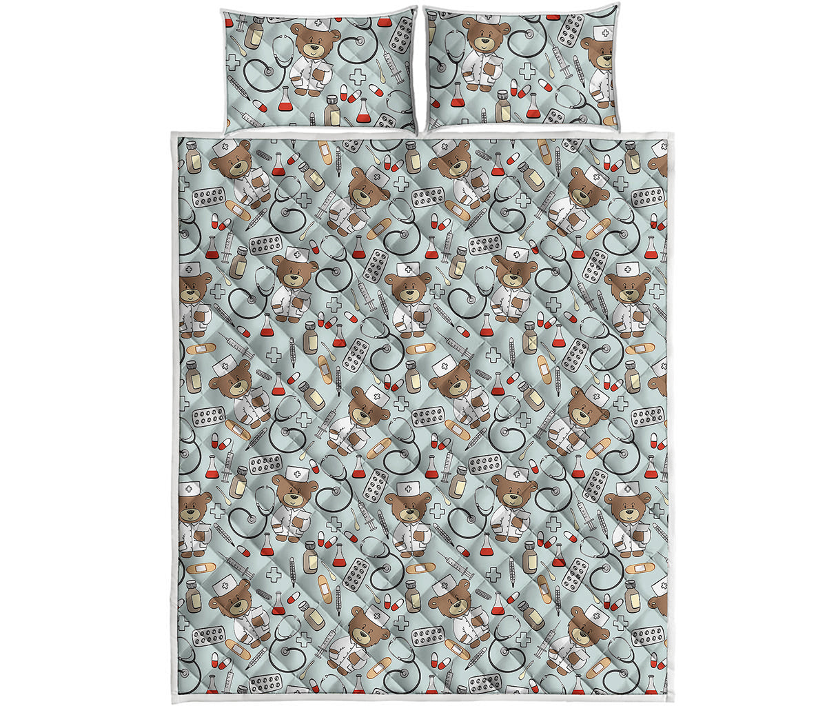 Teddy Bear Doctor Pattern Print Quilt Bed Set