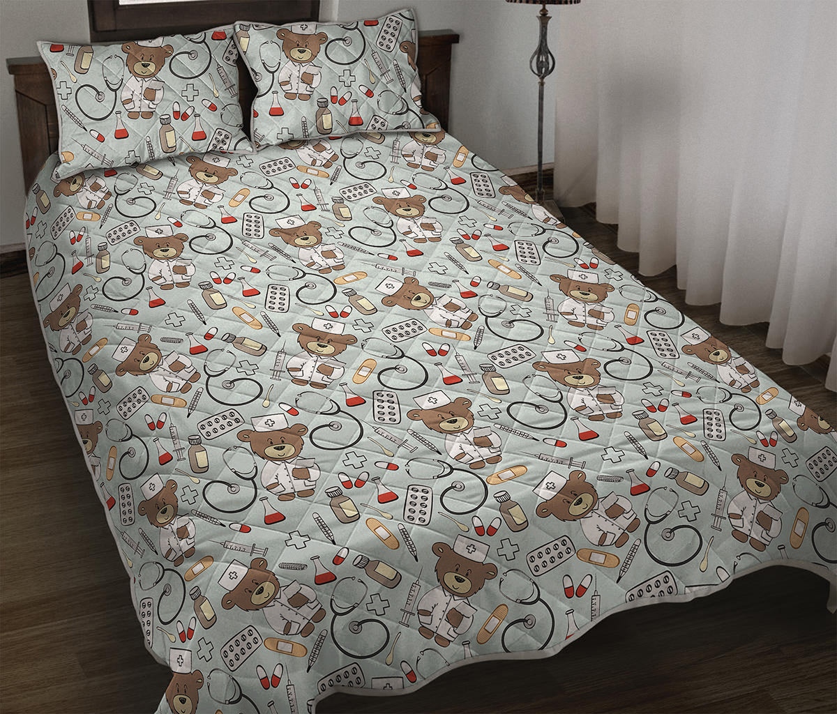 Teddy Bear Doctor Pattern Print Quilt Bed Set