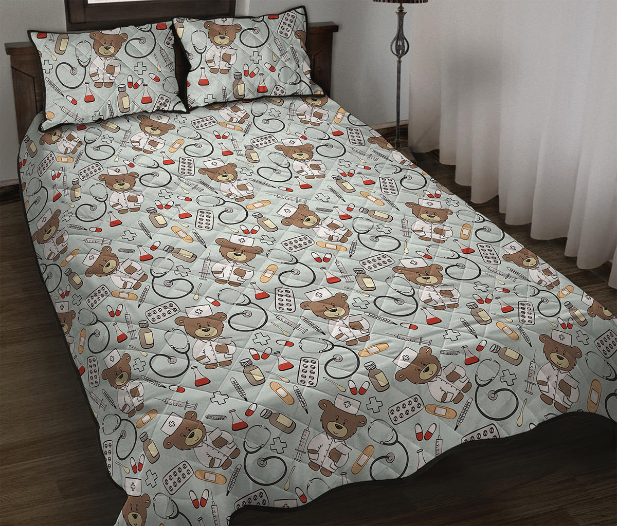 Teddy Bear Doctor Pattern Print Quilt Bed Set