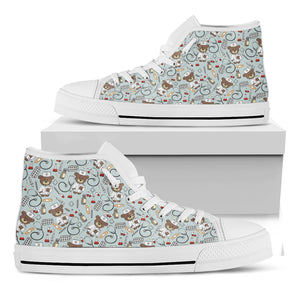 Teddy Bear Doctor Pattern Print White High Top Shoes