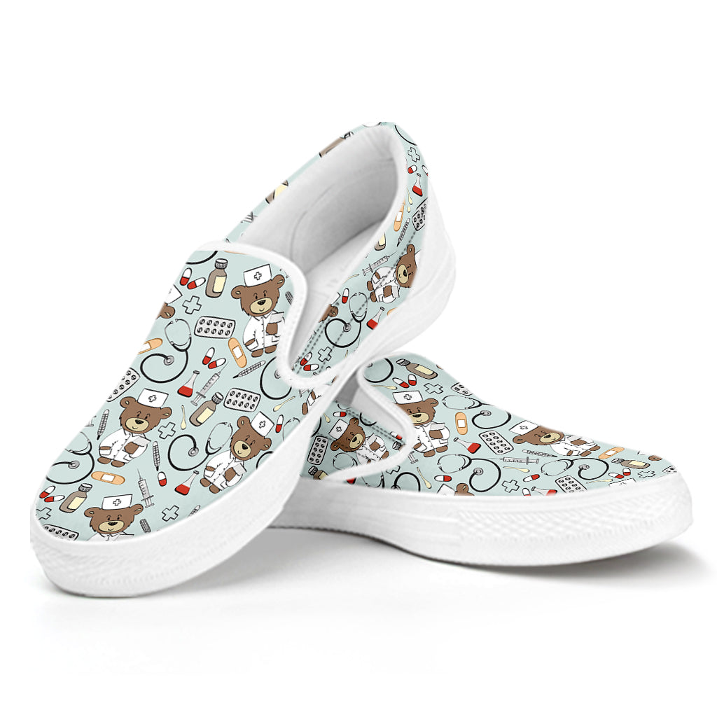 Teddy Bear Doctor Pattern Print White Slip On Shoes