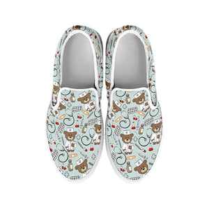 Teddy Bear Doctor Pattern Print White Slip On Shoes