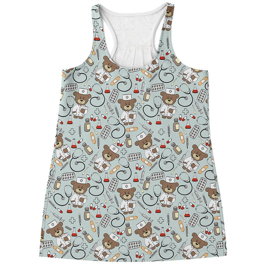 Teddy Bear Doctor Pattern Print Women's Racerback Tank Top