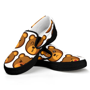 Teddy Bear Emoji Print Black Slip On Shoes