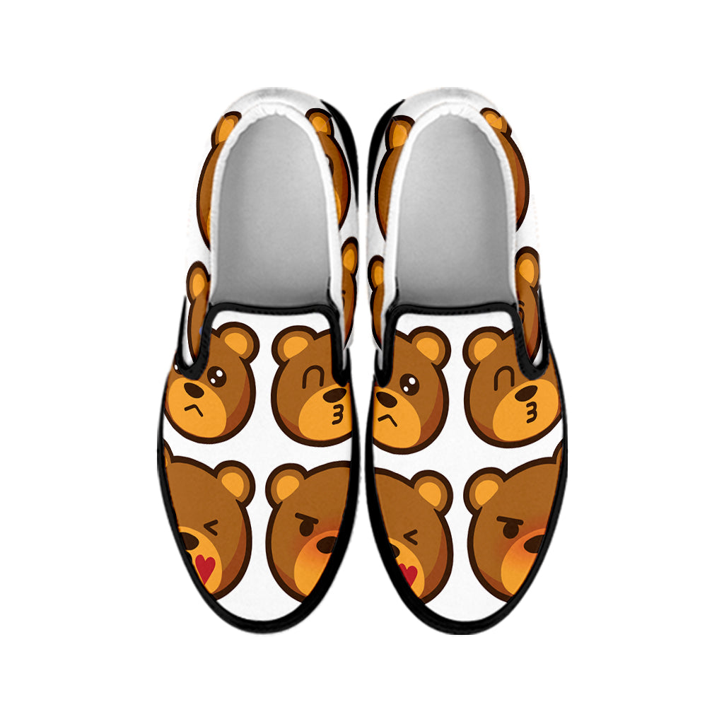 Teddy Bear Emoji Print Black Slip On Shoes