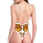 Teddy Bear Emoji Print One Piece High Cut Swimsuit