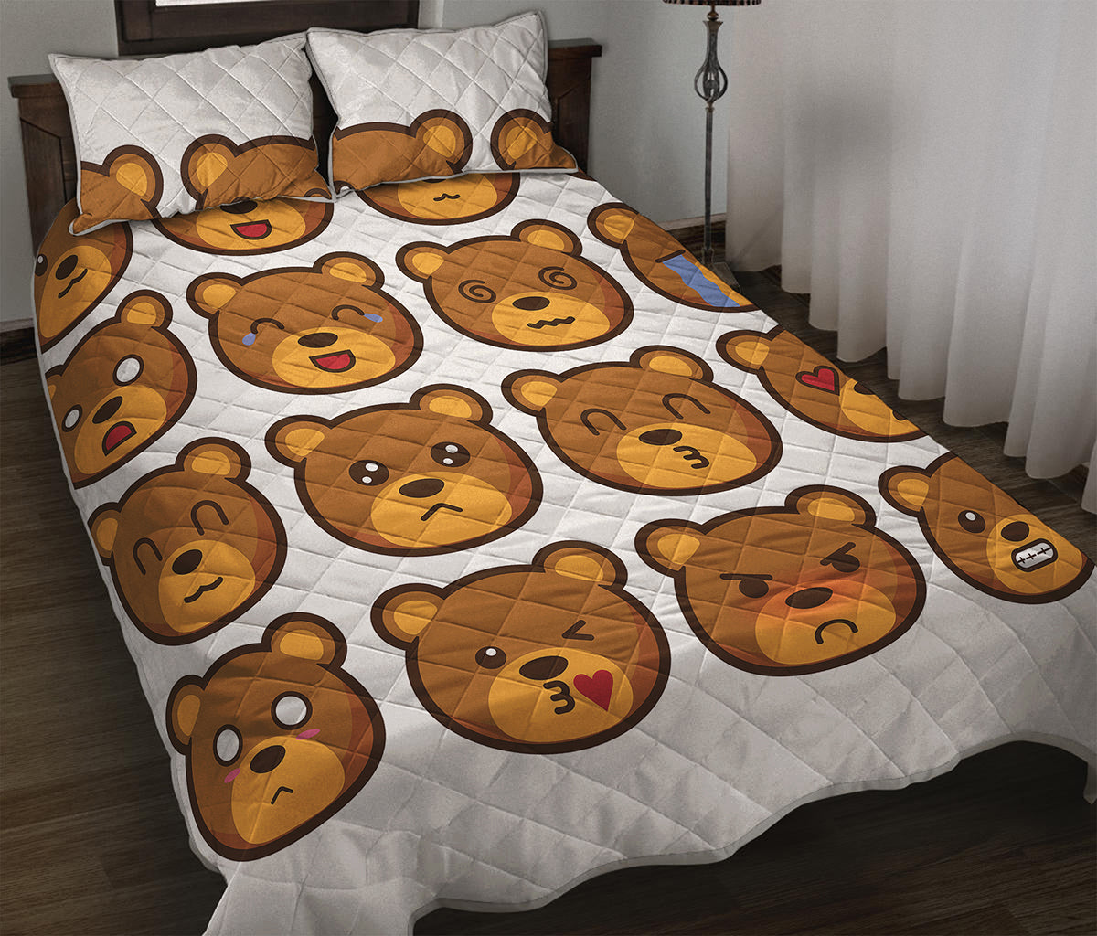 Teddy Bear Emoji Print Quilt Bed Set