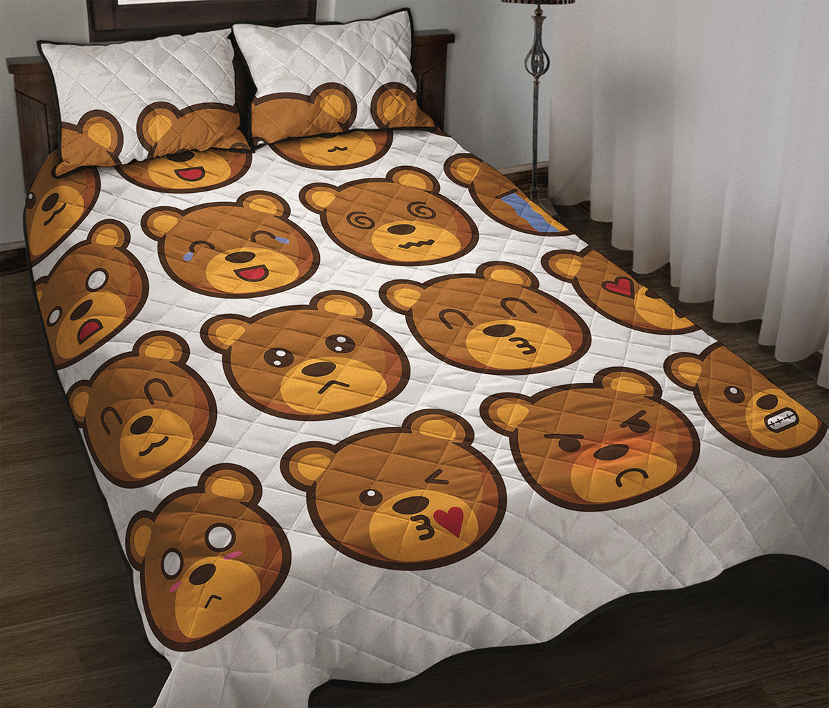 Teddy Bear Emoji Print Quilt Bed Set