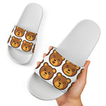 Teddy Bear Emoji Print White Slide Sandals