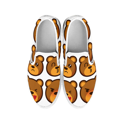Teddy Bear Emoji Print White Slip On Shoes