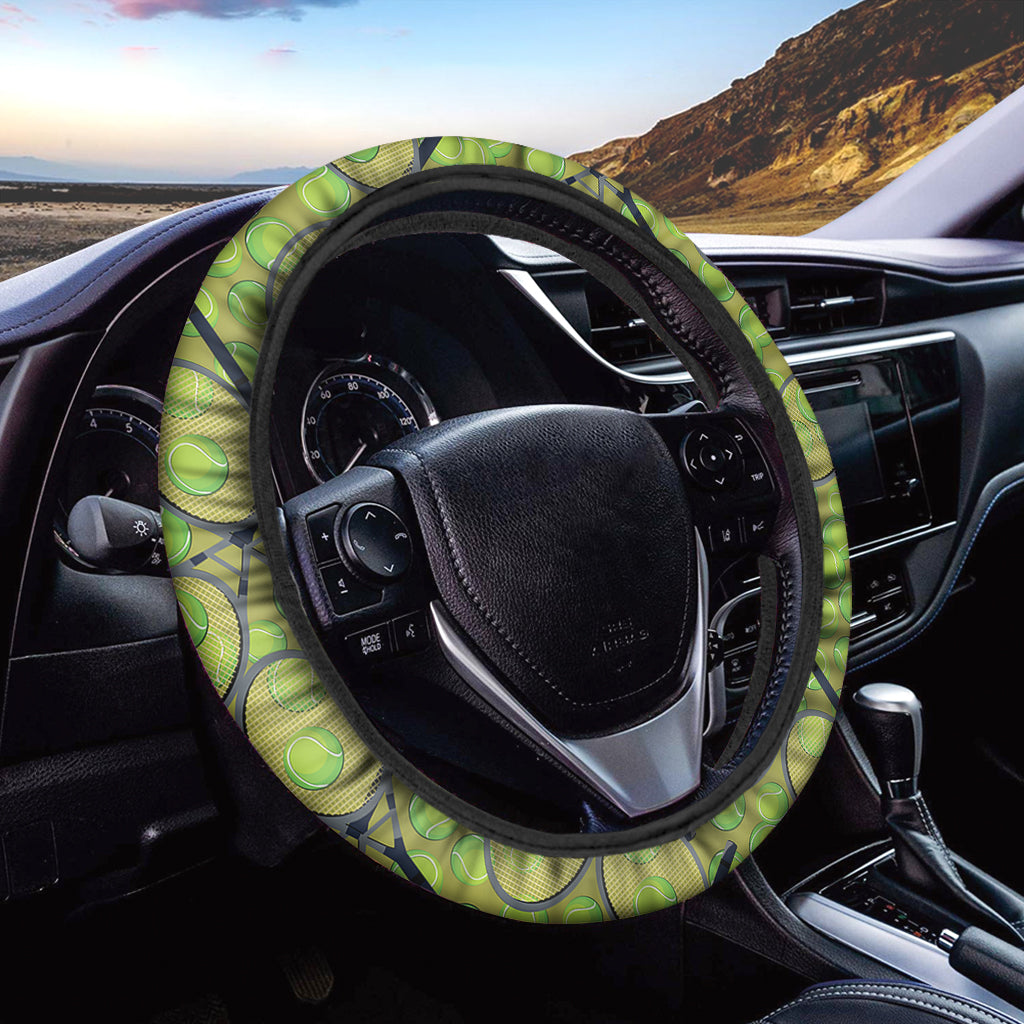 Tennis Ball And Racket Pattern Print Car Steering Wheel Cover
