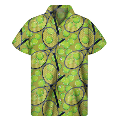Tennis Ball And Racket Pattern Print Men's Short Sleeve Shirt