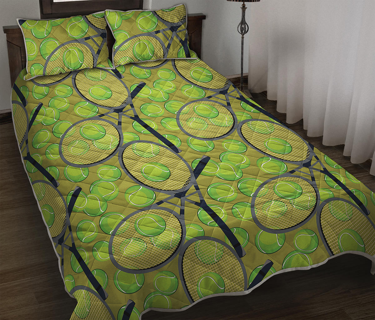 Tennis Ball And Racket Pattern Print Quilt Bed Set