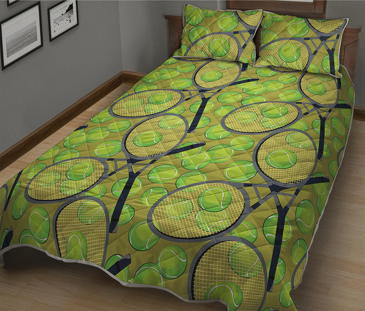 Tennis Ball And Racket Pattern Print Quilt Bed Set